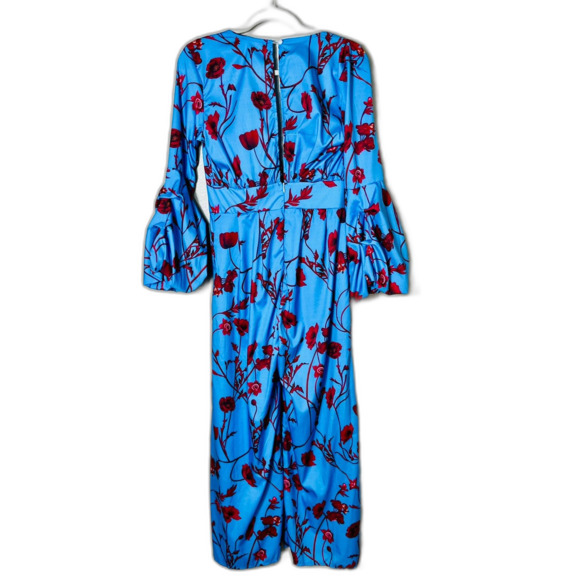 NWT OC Order Plus Blue Red Floral 1970s Jumpsuit Deep Vee M Wide Leg Polyester - Picture 2 of 10